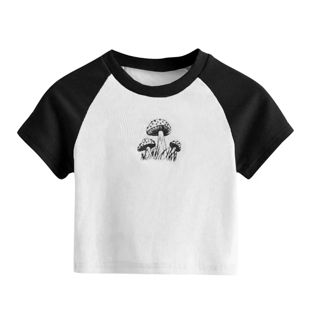 Graphic Print Crop Tee Y2K Chic Slim Fit Ribbed Knit Casual Top